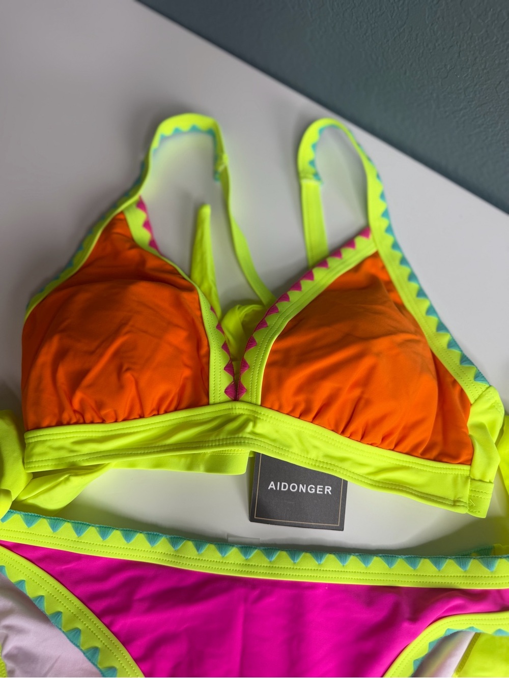 Aidonger Orange & Pink Shell Stitch Triangle Bikini Sz S - NWT - Picture 4 of 10